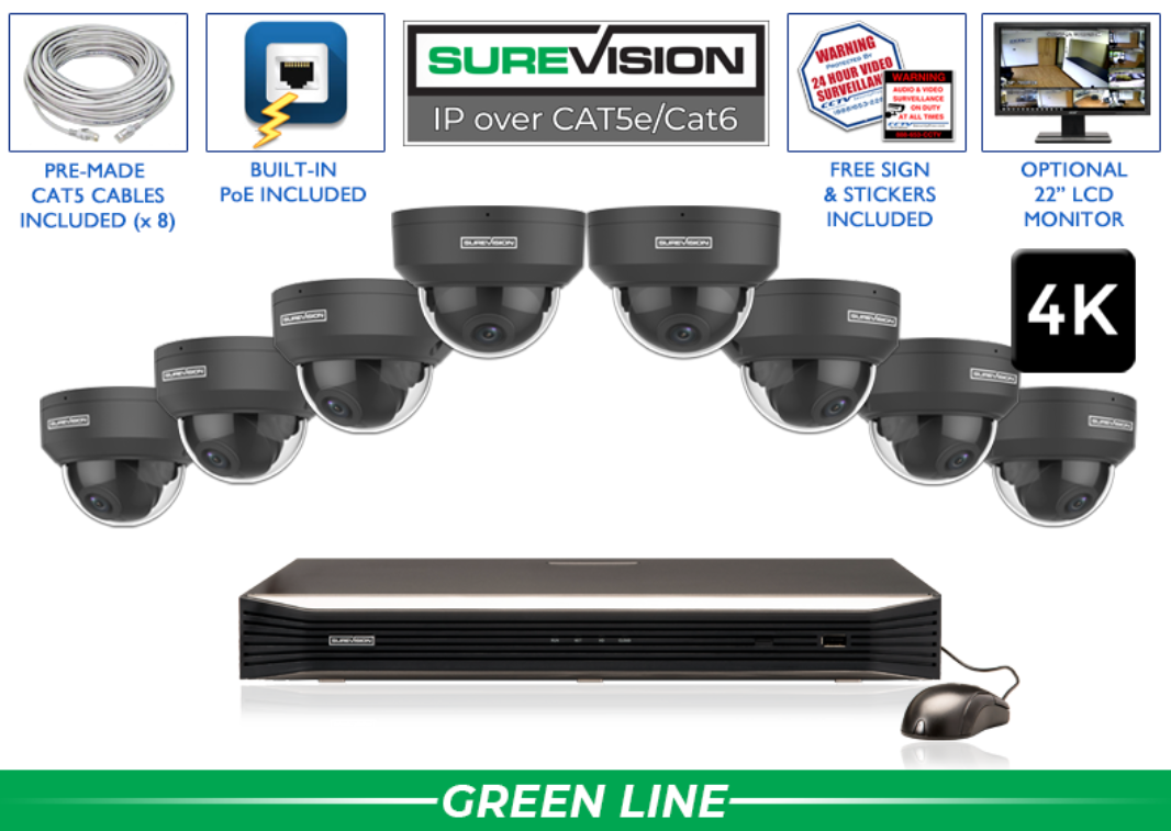 4K 8MP Vandal Dome IP System with 8 Channel NVR/ SV-4IPVP8-B-N